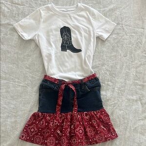 White Graphic Tee and Red Bandana Skirt Set